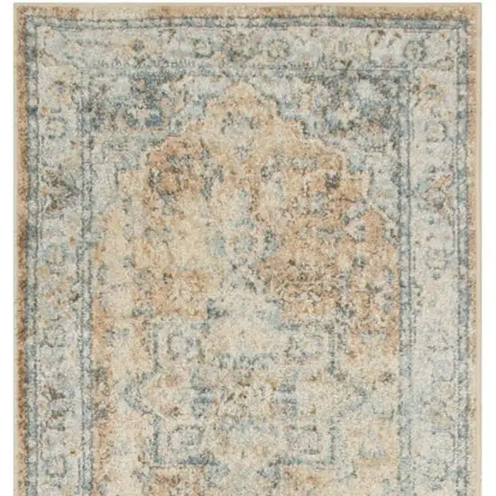 8' Beige Blue And Brown Floral Medallion Washable Runner Rug Photo 4