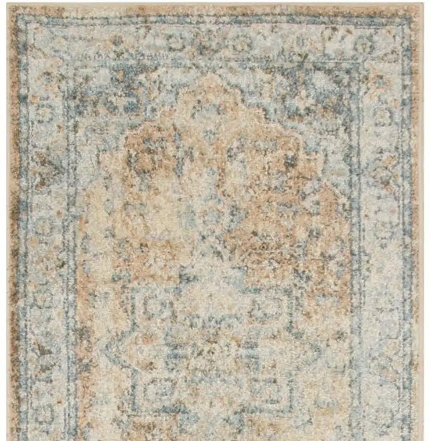 8' Beige Blue And Brown Floral Medallion Washable Runner Rug Photo 4