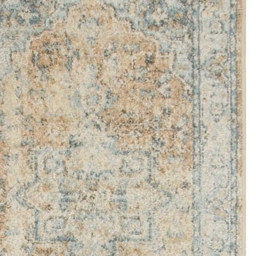 8' Beige Blue And Brown Floral Medallion Washable Runner Rug Photo 3