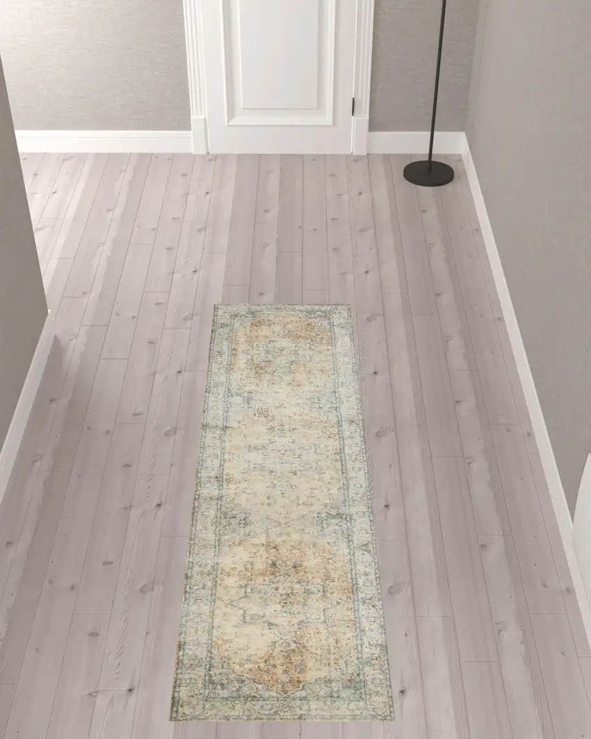 8' Beige Blue And Brown Floral Medallion Washable Runner Rug Photo 1