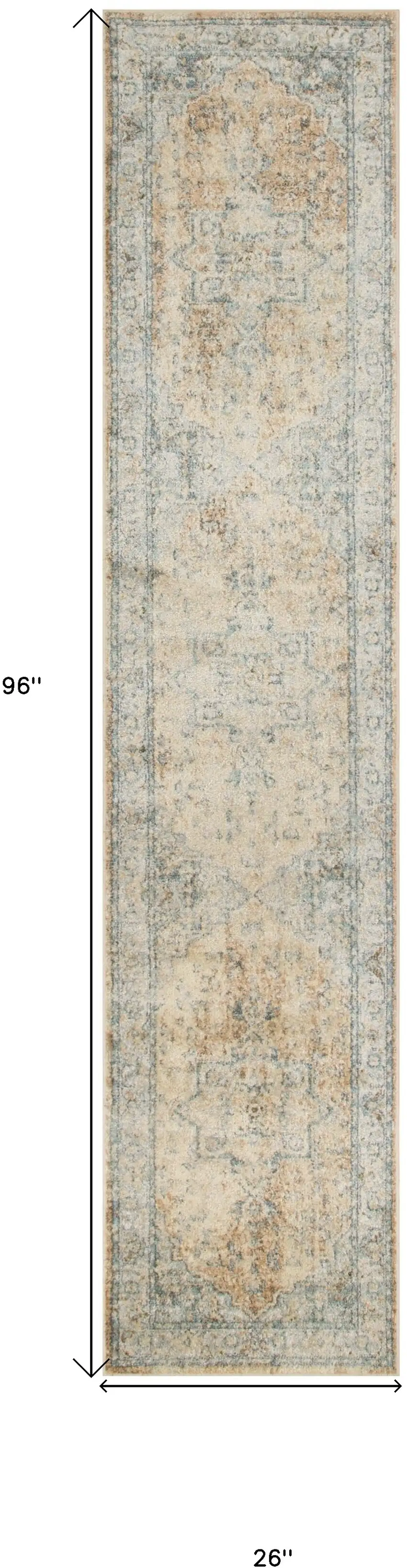 8' Beige Blue And Brown Floral Medallion Washable Runner Rug Photo 3