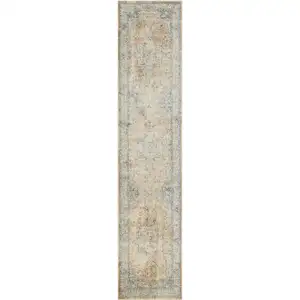 Photo of 8' Beige Blue And Brown Floral Medallion Washable Runner Rug