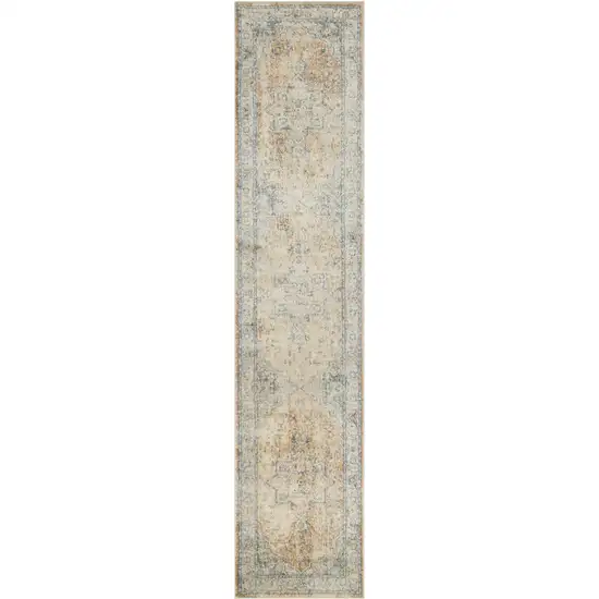 8' Beige Blue And Brown Floral Medallion Washable Runner Rug Photo 2