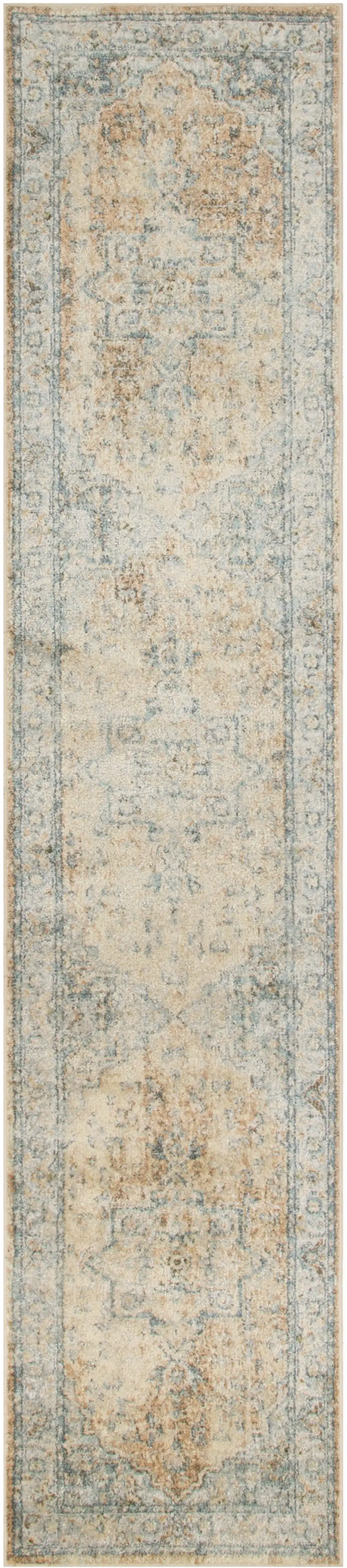 8' Beige Blue And Brown Floral Medallion Washable Runner Rug Photo 2