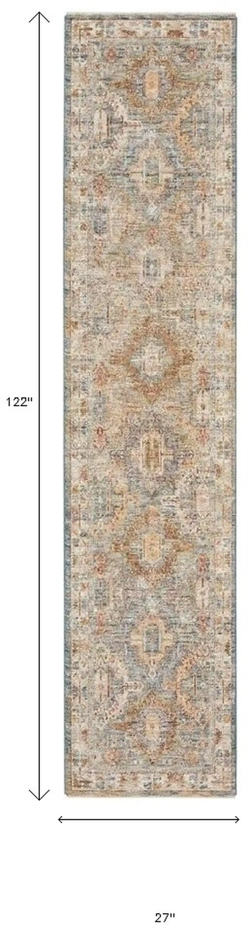 10' Beige Blue And Brown Oriental Distressed Runner Rug Photo 3