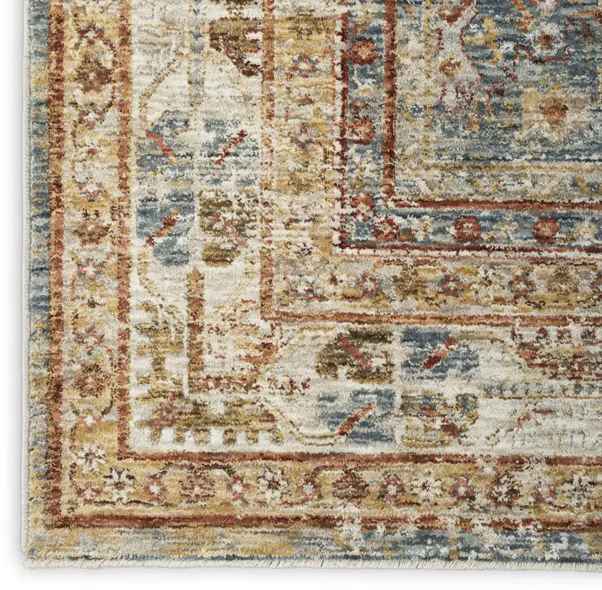 10' Beige Blue And Brown Oriental Distressed Runner Rug Photo 8