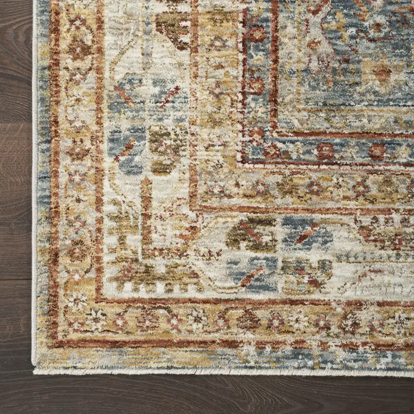 10' Beige Blue And Brown Oriental Distressed Runner Rug Photo 9