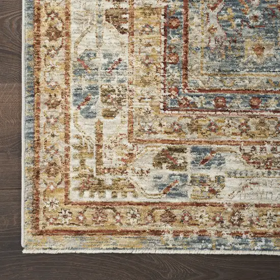 10' Beige Blue And Brown Oriental Distressed Runner Rug Photo 9