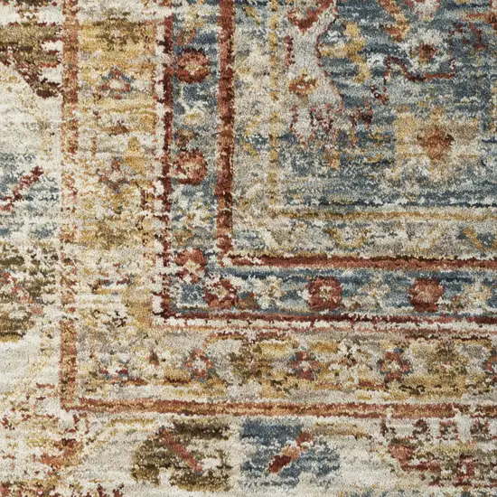 10' Beige Blue And Brown Oriental Distressed Runner Rug Photo 3