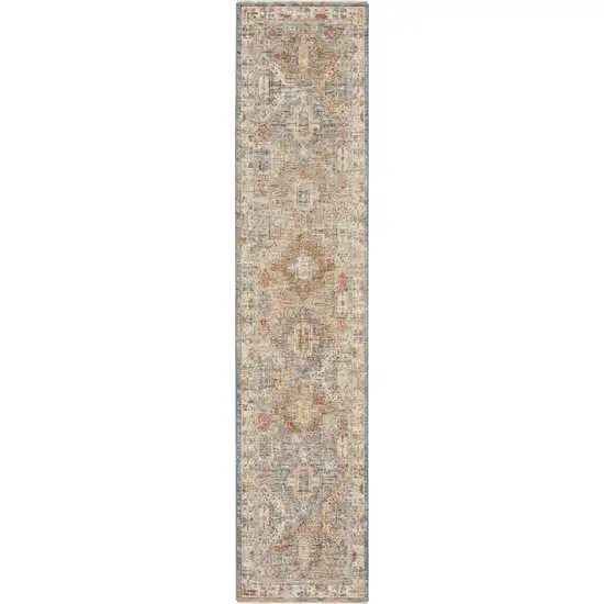10' Beige Blue And Brown Oriental Distressed Runner Rug Photo 5