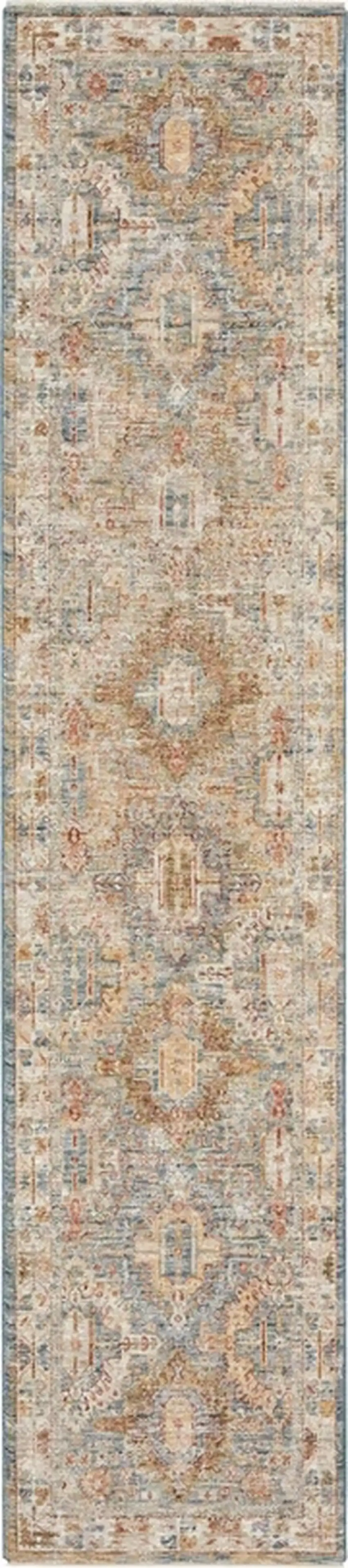 10' Beige Blue And Brown Oriental Distressed Runner Rug Photo 5