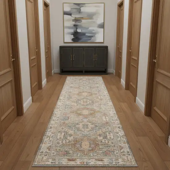 10' Beige Blue And Brown Oriental Distressed Runner Rug Photo 1