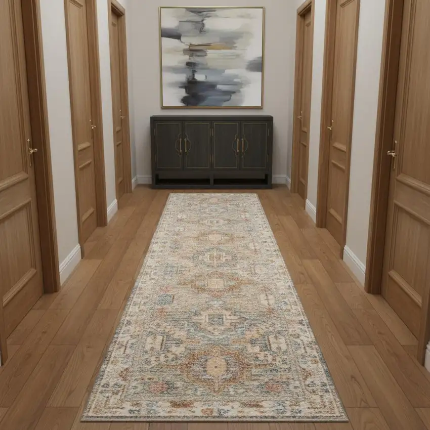 10' Beige Blue And Brown Oriental Distressed Runner Rug Photo 1