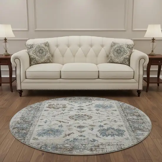 8' Beige Blue And Brown Oriental Washable Round Rug With UV Protection Photo 2