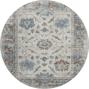 Photo of 8' Beige Blue And Brown Oriental Washable Round Rug With UV Protection