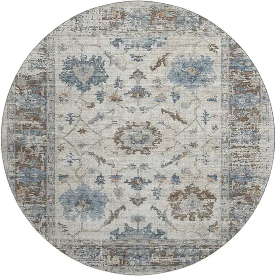 8' Beige Blue And Brown Oriental Washable Round Rug With UV Protection Photo 1
