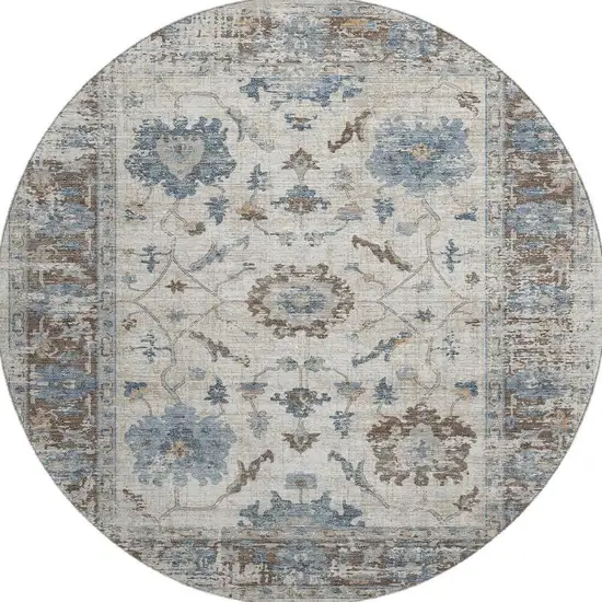 8' Beige Blue And Brown Oriental Washable Round Rug With UV Protection Photo 4