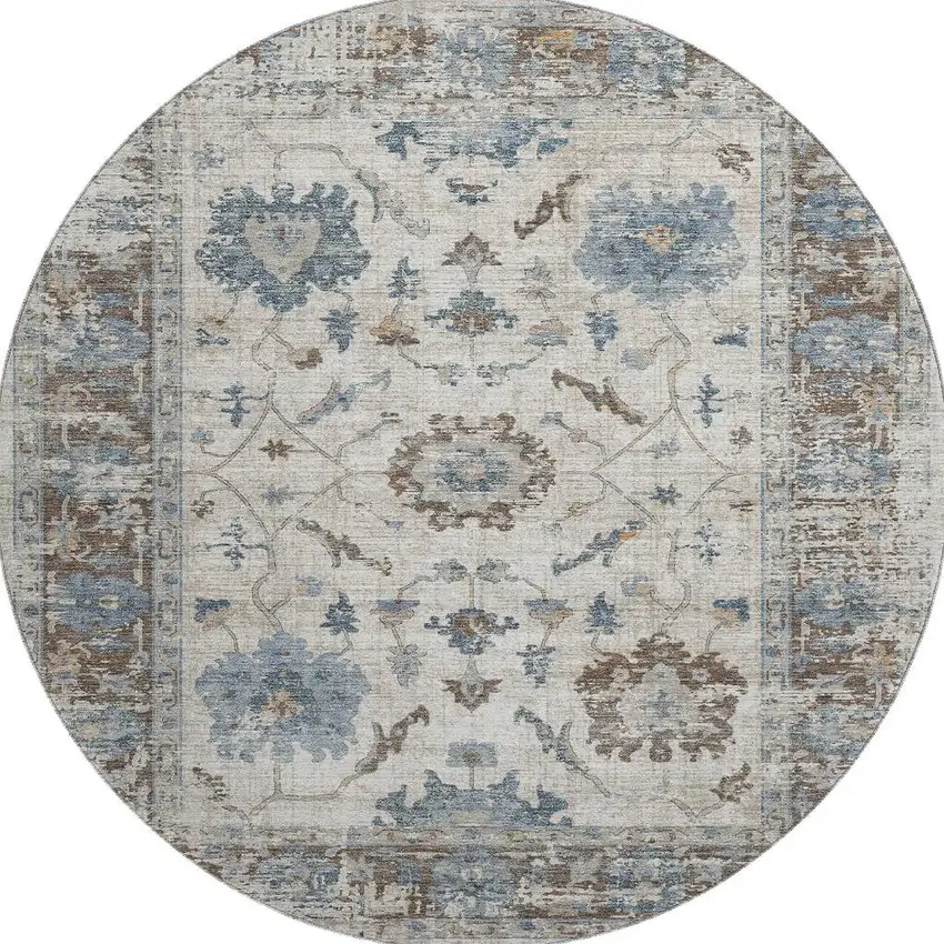 8' Beige Blue And Brown Oriental Washable Round Rug With UV Protection Photo 4