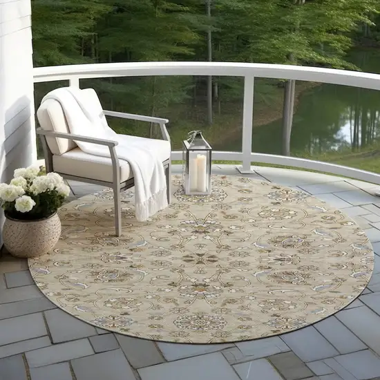 8' Beige Blue And Brown Round Moroccan Washable Indoor Outdoor Area Rug Photo 7