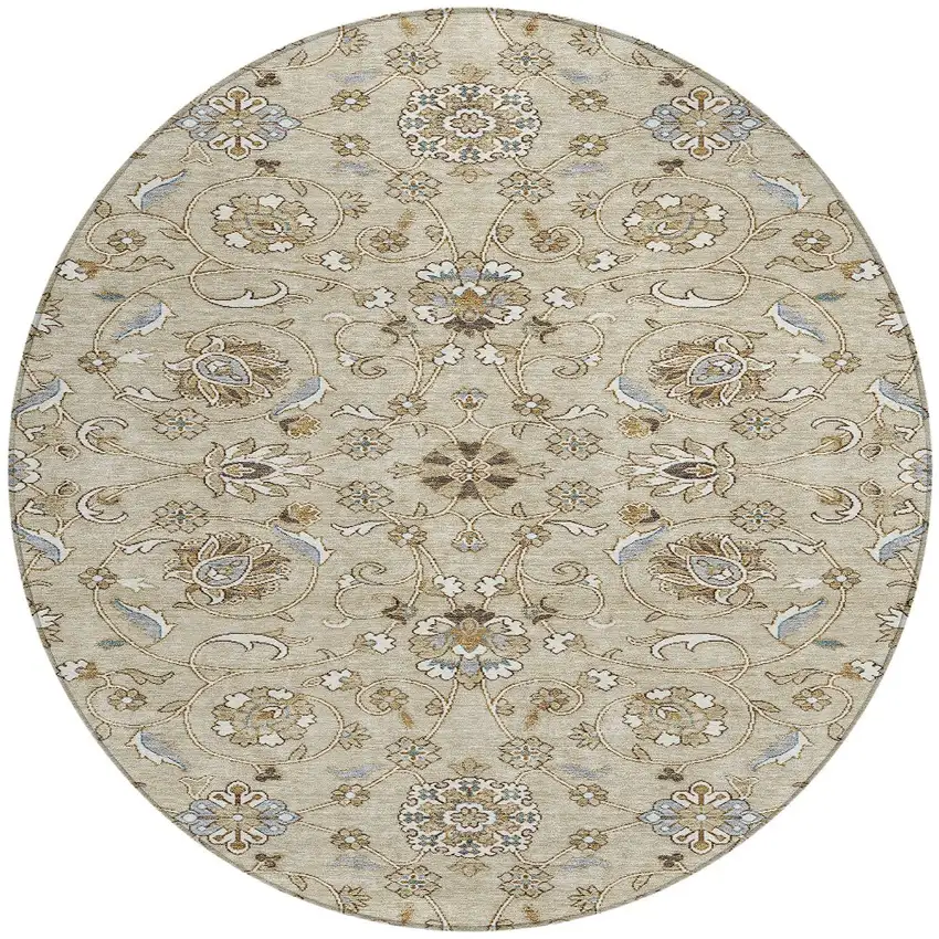 8' Beige Blue And Brown Round Moroccan Washable Indoor Outdoor Area Rug Photo 6