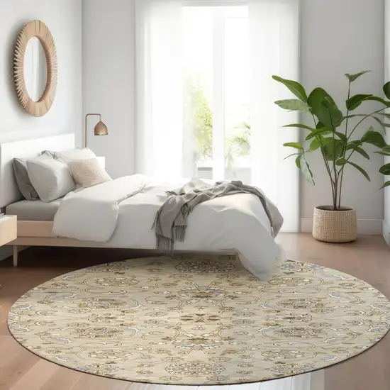 8' Beige Blue And Brown Round Moroccan Washable Indoor Outdoor Area Rug Photo 8