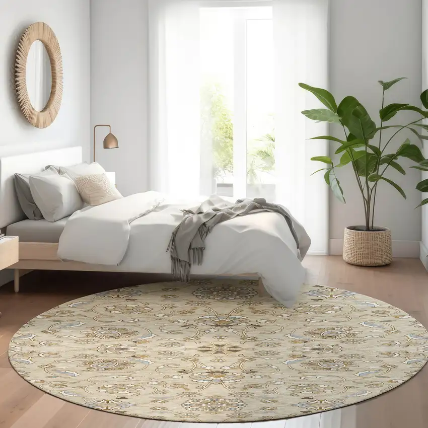 8' Beige Blue And Brown Round Moroccan Washable Indoor Outdoor Area Rug Photo 8