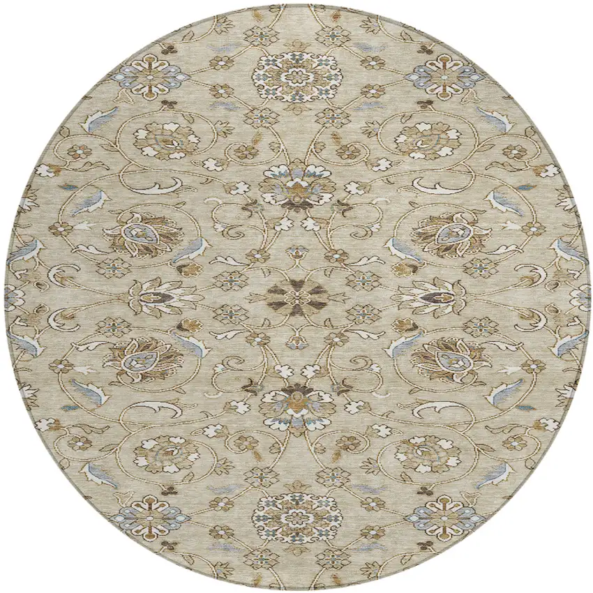 8' Beige Blue And Brown Round Moroccan Washable Indoor Outdoor Area Rug Photo 2