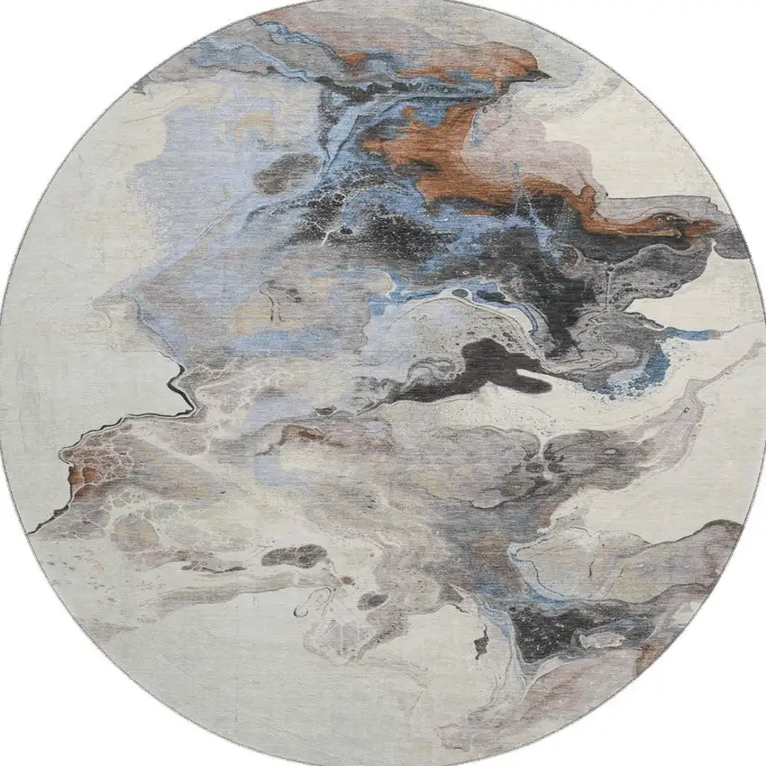 8' Beige Blue And Copper Abstract Washable Round Rug With UV Protection Photo 3