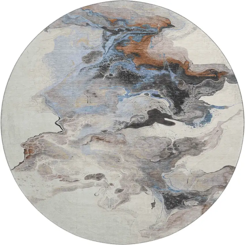 8' Beige Blue And Copper Abstract Washable Round Rug With UV Protection Photo 1