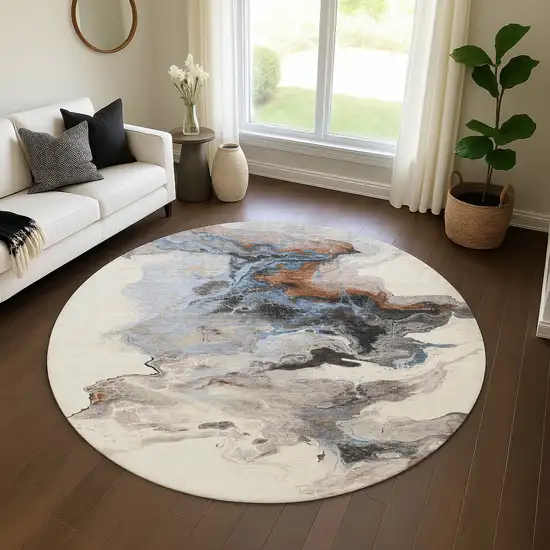 8' Beige Blue And Copper Abstract Washable Round Rug With UV Protection Photo 4