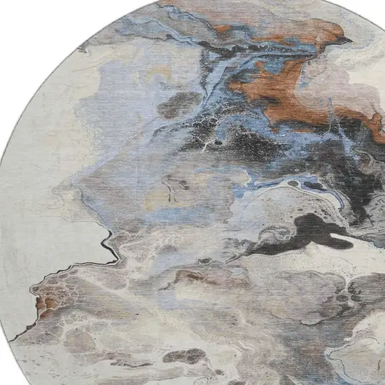 8' Beige Blue And Copper Abstract Washable Round Rug With UV Protection Photo 2