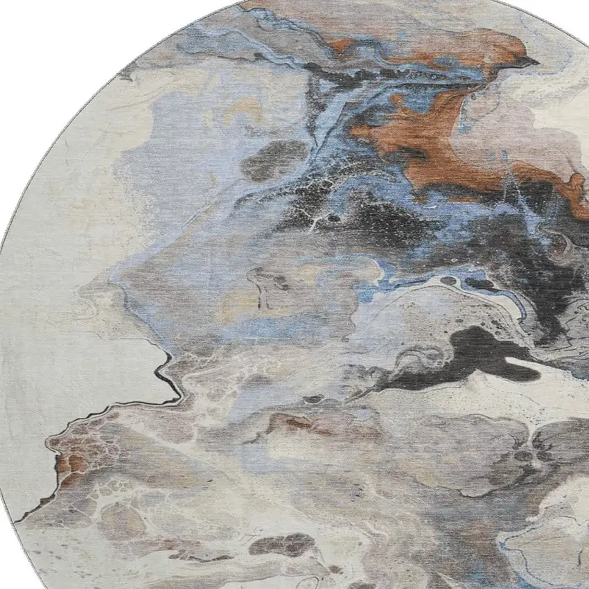 8' Beige Blue And Copper Abstract Washable Round Rug With UV Protection Photo 2