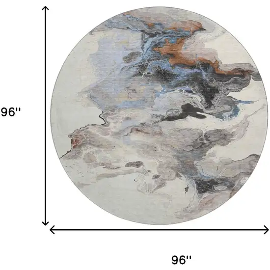 8' Beige Blue And Copper Abstract Washable Round Rug With UV Protection Photo 9