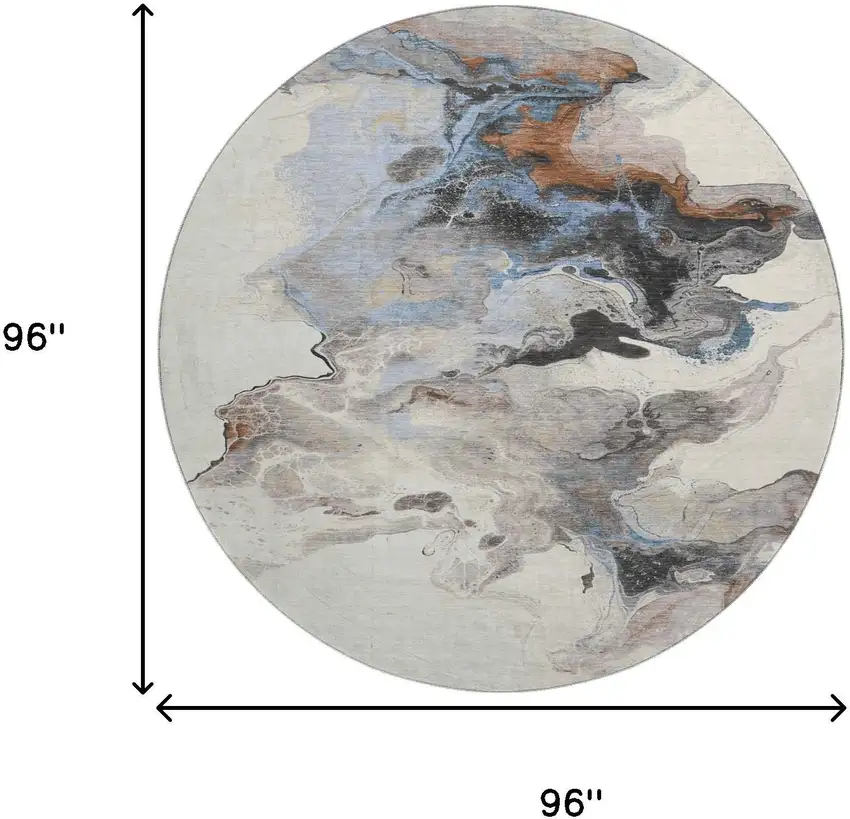 8' Beige Blue And Copper Abstract Washable Round Rug With UV Protection Photo 9