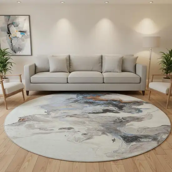 8' Beige Blue And Copper Abstract Washable Round Rug With UV Protection Photo 2
