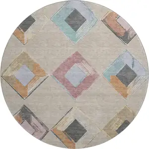 Photo of 8' Beige Blue And Copper Geometric Washable Round Rug With UV Protection