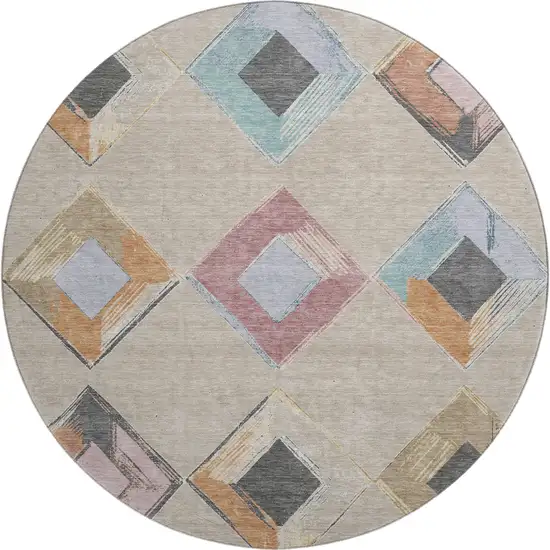 8' Beige Blue And Copper Geometric Washable Round Rug With UV Protection Photo 1