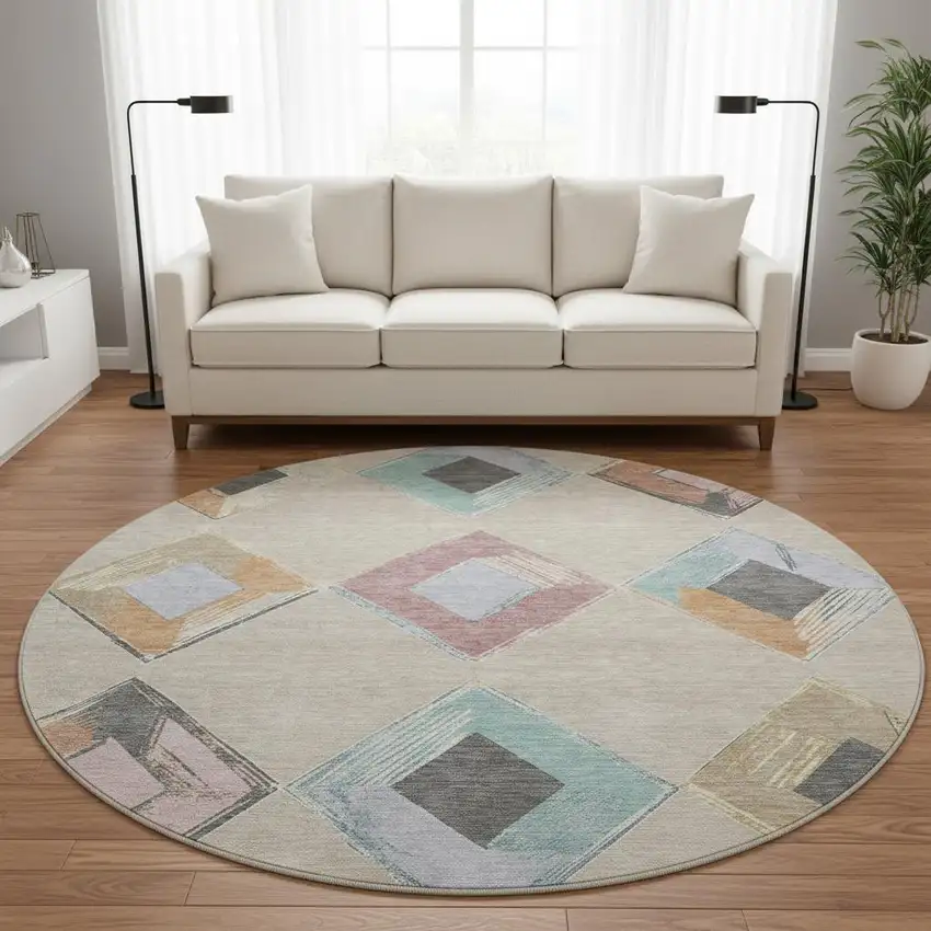 8' Beige Blue And Copper Geometric Washable Round Rug With UV Protection Photo 2