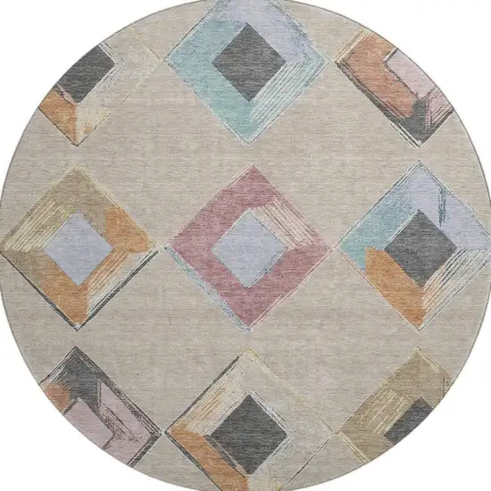 8' Beige Blue And Copper Geometric Washable Round Rug With UV Protection Photo 4