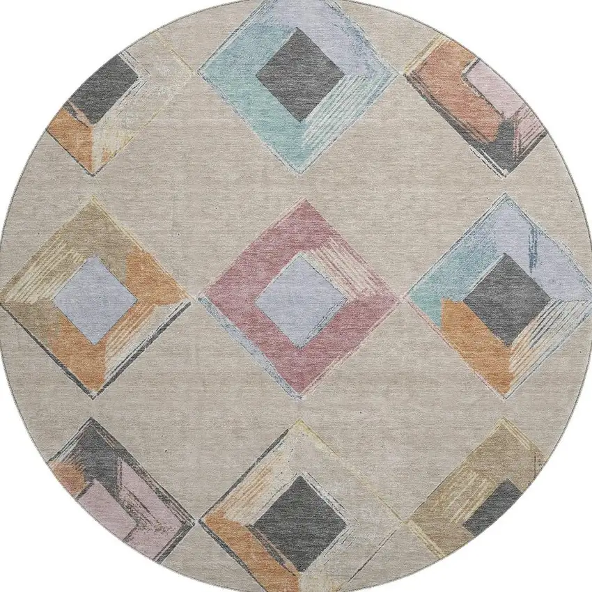 8' Beige Blue And Copper Geometric Washable Round Rug With UV Protection Photo 4