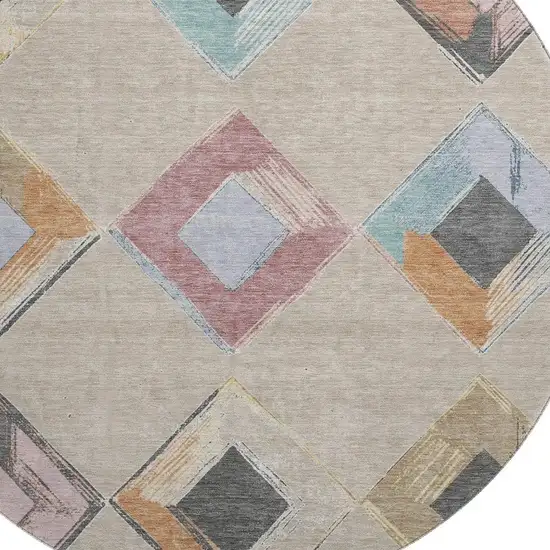 8' Beige Blue And Copper Geometric Washable Round Rug With UV Protection Photo 3