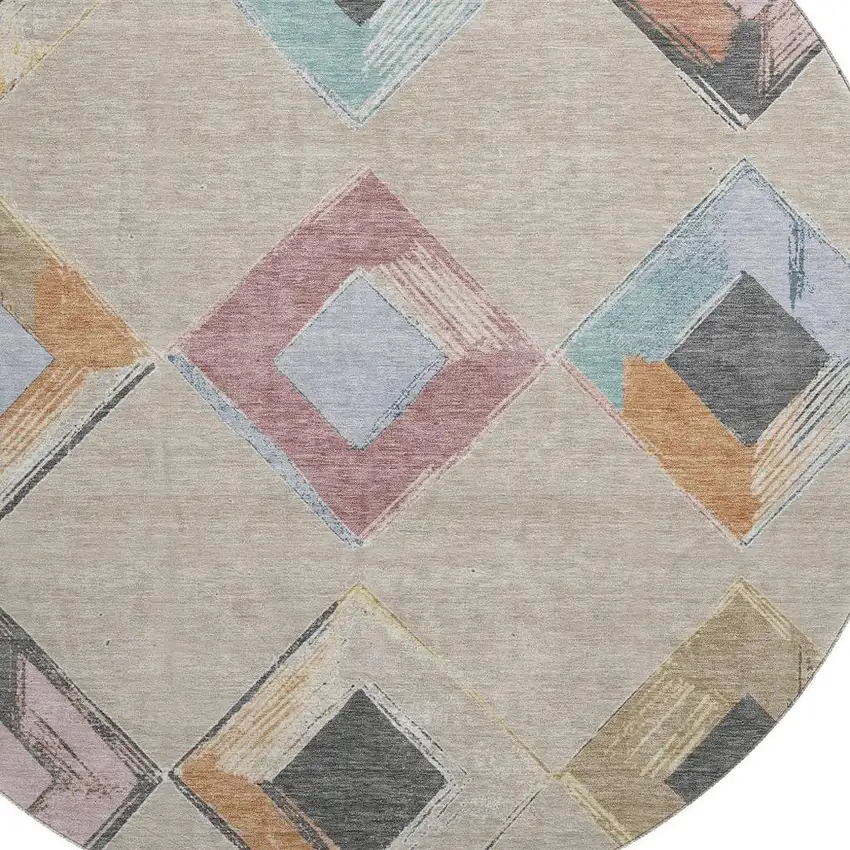 8' Beige Blue And Copper Geometric Washable Round Rug With UV Protection Photo 3