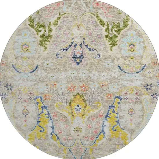 8' Beige Blue And Gold Floral Washable Round Rug With UV Protection Photo 4