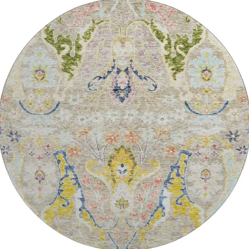 8' Beige Blue And Gold Floral Washable Round Rug With UV Protection Photo 4