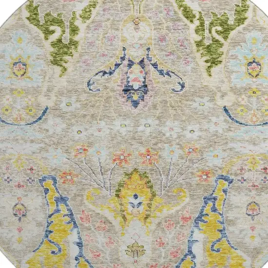 8' Beige Blue And Gold Floral Washable Round Rug With UV Protection Photo 3