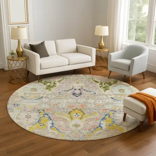 8' Beige Blue And Gold Floral Washable Round Rug With UV Protection Photo 5