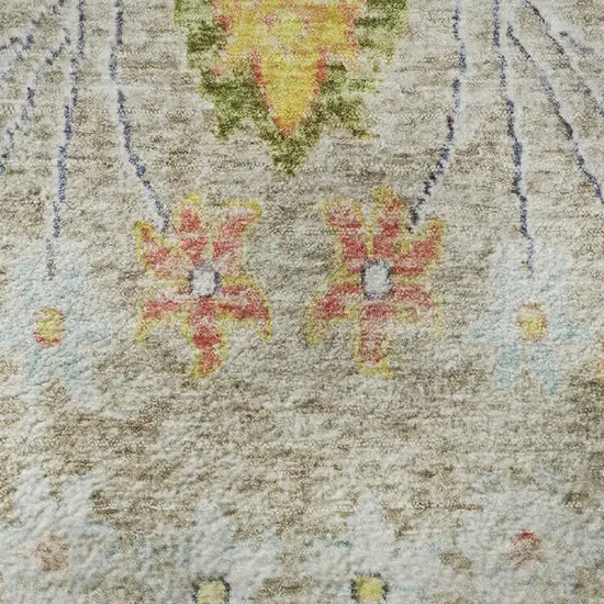 8' Beige Blue And Gold Floral Washable Round Rug With UV Protection Photo 9