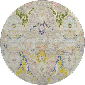 Photo of 8' Beige Blue And Gold Floral Washable Round Rug With UV Protection
