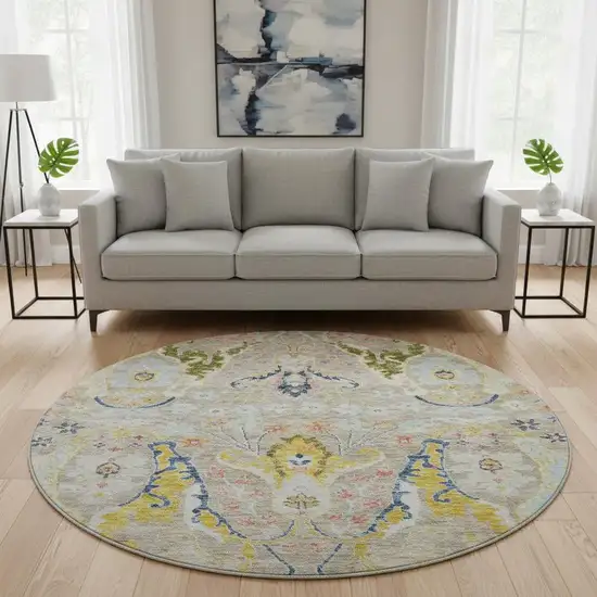 8' Beige Blue And Gold Floral Washable Round Rug With UV Protection Photo 2