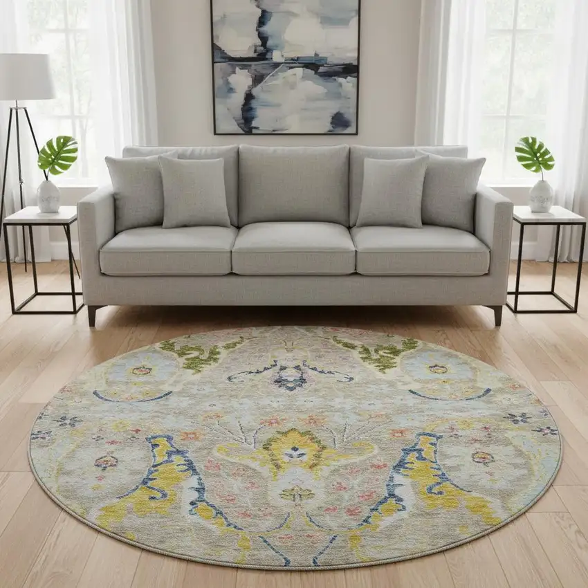 8' Beige Blue And Gold Floral Washable Round Rug With UV Protection Photo 2